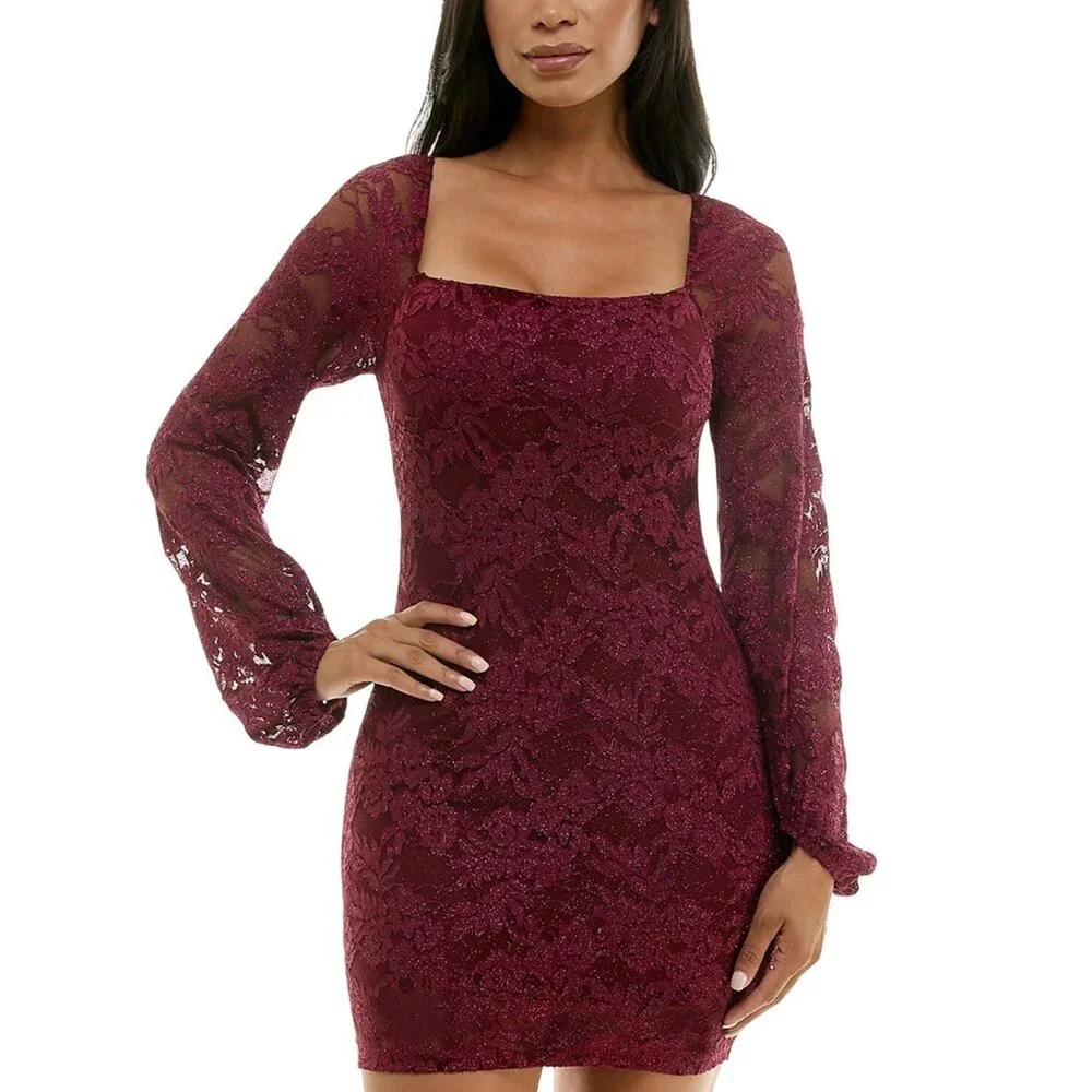 NWT Emerald Sundae Glitter Lace Bodycon Open Back Mini Dress Dark Red 2XS